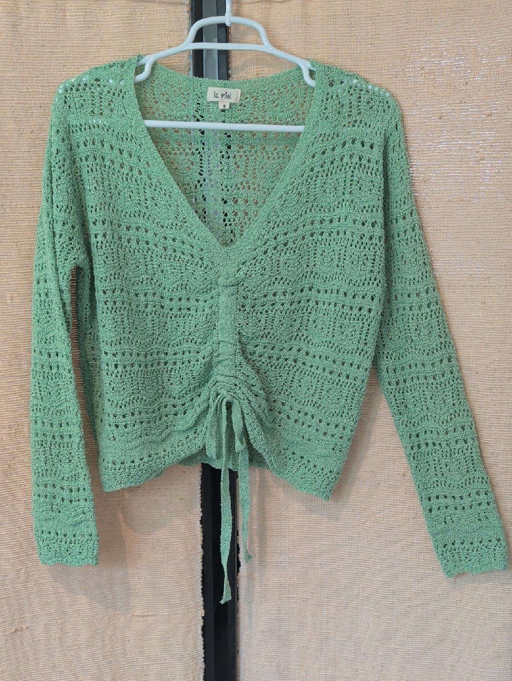 LA MIEL Mint Green Crochet Drawstring V-Neck Sweater